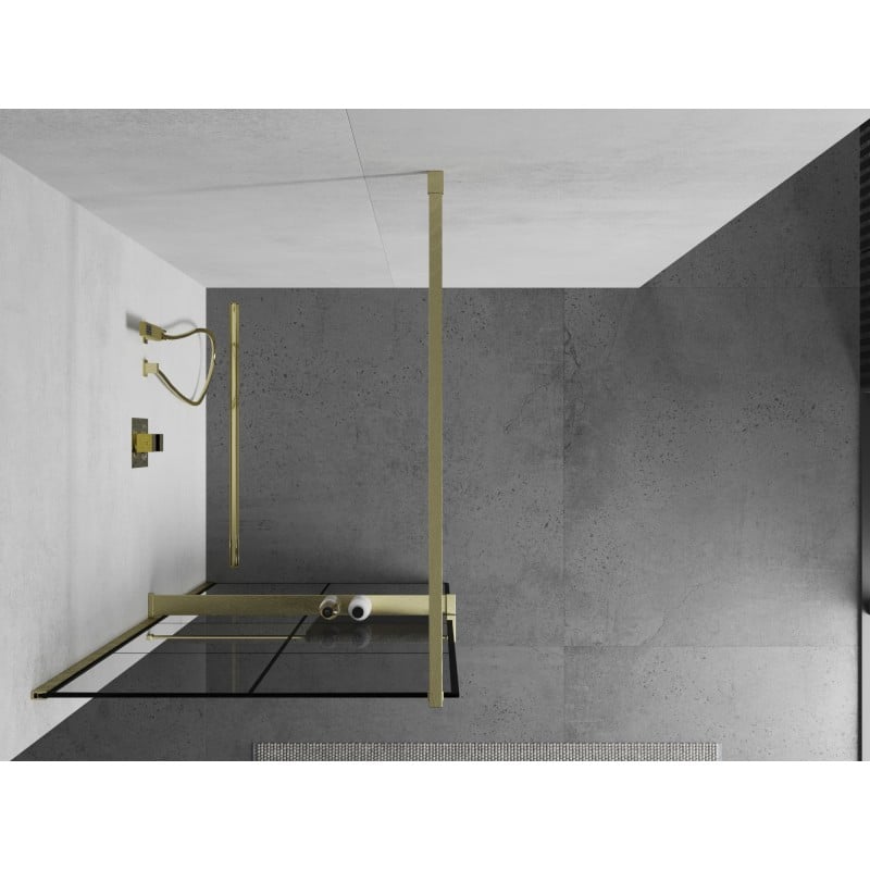 Mexen Kioto+ ścianka prysznicowa z półką Walk-in 80 x 200 cm,  czarna kratka, złota szczotkowana - 800-080-121-55-77