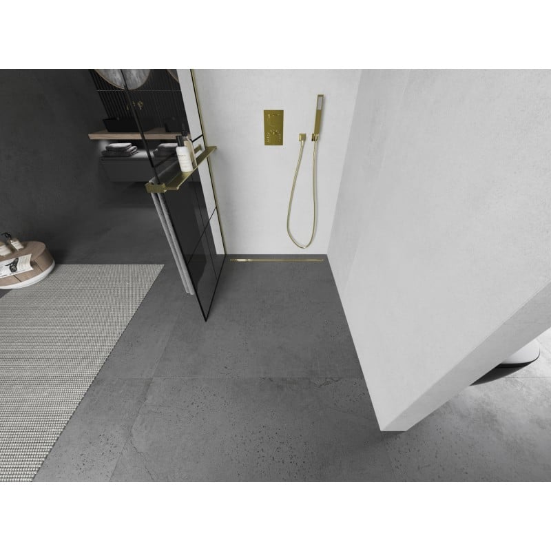 Mexen Kioto+ ścianka prysznicowa z półką Walk-in 80 x 200 cm,  czarna kratka, złota szczotkowana - 800-080-121-55-77