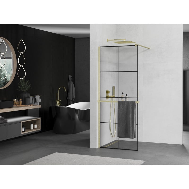 Mexen Kioto+ ścianka prysznicowa z półką Walk-in 80 x 200 cm,  czarna kratka, złota szczotkowana - 800-080-121-55-77