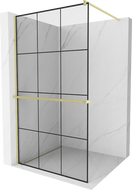 Mexen Kioto+ ścianka prysznicowa z półką Walk-in 120 x 200 cm, czarna kratka, złota szczotkowana - 800-120-121-55-77