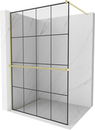 Mexen Kioto+ ścianka prysznicowa z półką Walk-in 130 x 200 cm, czarna kratka, złota szczotkowana - 800-130-121-55-77