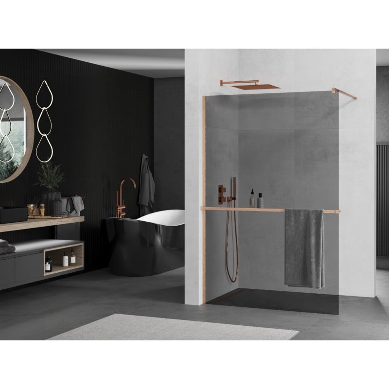 Mexen Kioto+ ścianka prysznicowa z półką Walk-in 70 x 200 cm, grafit, miedź szczotkowana - 800-070-121-65-40