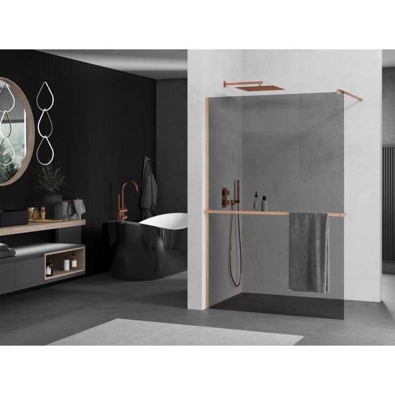 Mexen Kioto+ ścianka prysznicowa z półką Walk-in 80 x 200 cm, grafit, miedź szczotkowana - 800-080-121-65-40