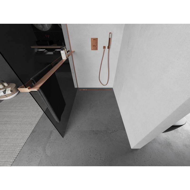 Mexen Kioto+ ścianka prysznicowa z półką Walk-in 80 x 200 cm, grafit, miedź szczotkowana - 800-080-121-65-40
