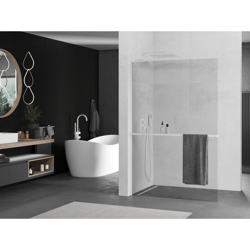 Mexen Kioto+ L ścianka prysznicowa z półką Walk-in 55 x 200 cm, transparent, biała - 800-055-123-20-00