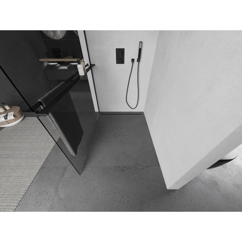 Mexen Kioto+ L ścianka prysznicowa z półką Walk-in 55 x 200 cm, transparent, czarna - 800-055-123-70-00
