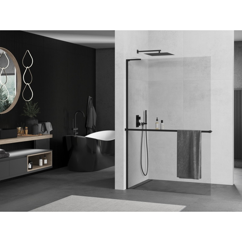 Mexen Kioto+ L ścianka prysznicowa z półką Walk-in 75 x 200 cm, transparent, czarna - 800-075-123-70-00