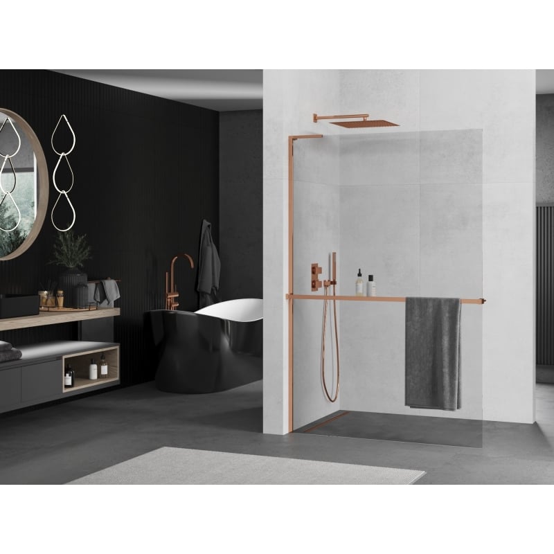 Mexen Kioto+ L ścianka prysznicowa z półką Walk-in 100 x 200 cm, transparent, różowe złoto - 800-100-123-60-00