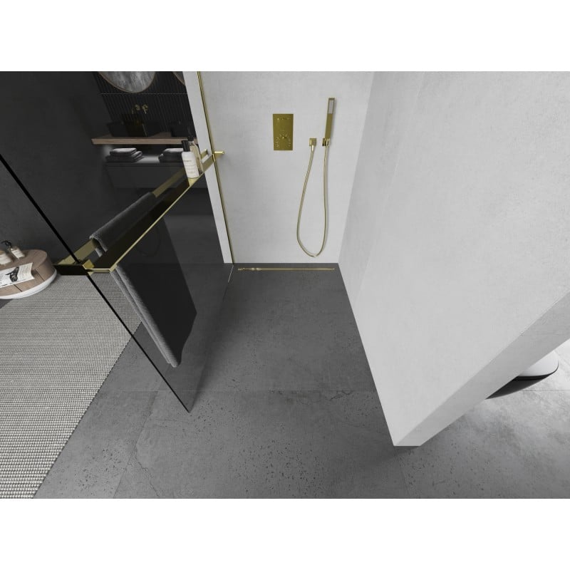 Mexen Kioto+ L ścianka prysznicowa z półką Walk-in 105 x 200 cm, transparent, złota - 800-105-123-50-00