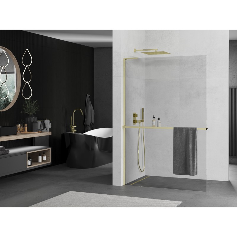 Mexen Kioto+ L ścianka prysznicowa z półką Walk-in 85 x 200 cm, transparent, złota - 800-085-123-50-00