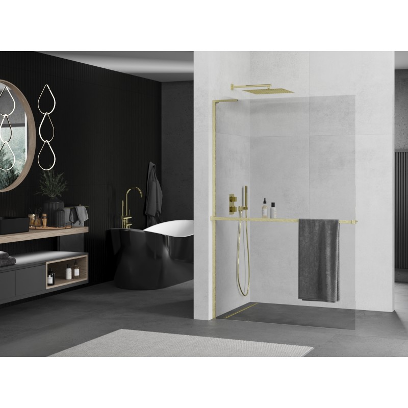 Mexen Kioto+ L ścianka prysznicowa z półką Walk-in 75 x 200 cm, transparent, złota szczotkowana - 800-075-123-55-00
