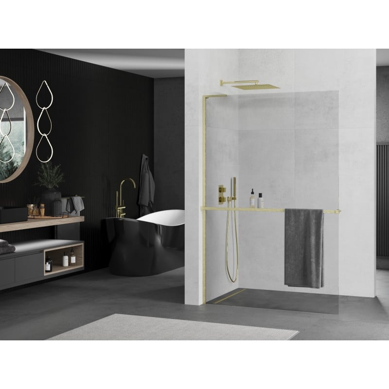 Mexen Kioto+ L ścianka prysznicowa z półką Walk-in 80 x 200 cm, transparent, złota szczotkowana - 800-080-123-55-00