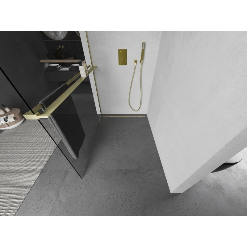 Mexen Kioto+ L ścianka prysznicowa z półką Walk-in 85 x 200 cm, transparent, złota szczotkowana - 800-085-123-55-00