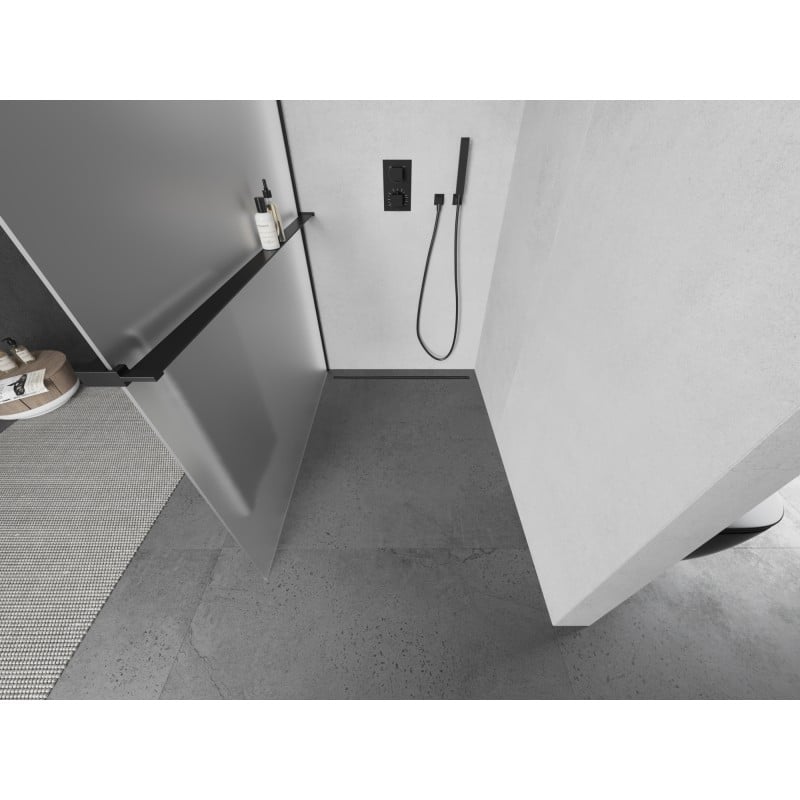 Mexen Kioto+ L ścianka prysznicowa z półką Walk-in 100 x 200 cm, szron, czarna - 800-100-123-70-30