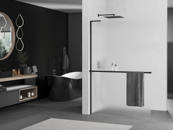 Mexen Kioto+ L ścianka prysznicowa z półką Walk-in 100 x 200 cm, szron, czarna - 800-100-123-70-30