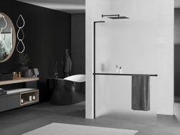 Mexen Kioto+ L ścianka prysznicowa z półką Walk-in 70 x 200 cm, szron, czarna - 800-070-123-70-30