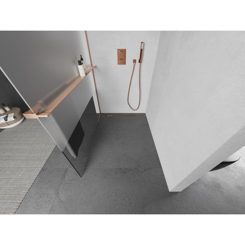Mexen Kioto+ L ścianka prysznicowa z półką Walk-in 90 x 200 cm, transparent/szron, miedź szczotkowana - 800-090-123-65-35