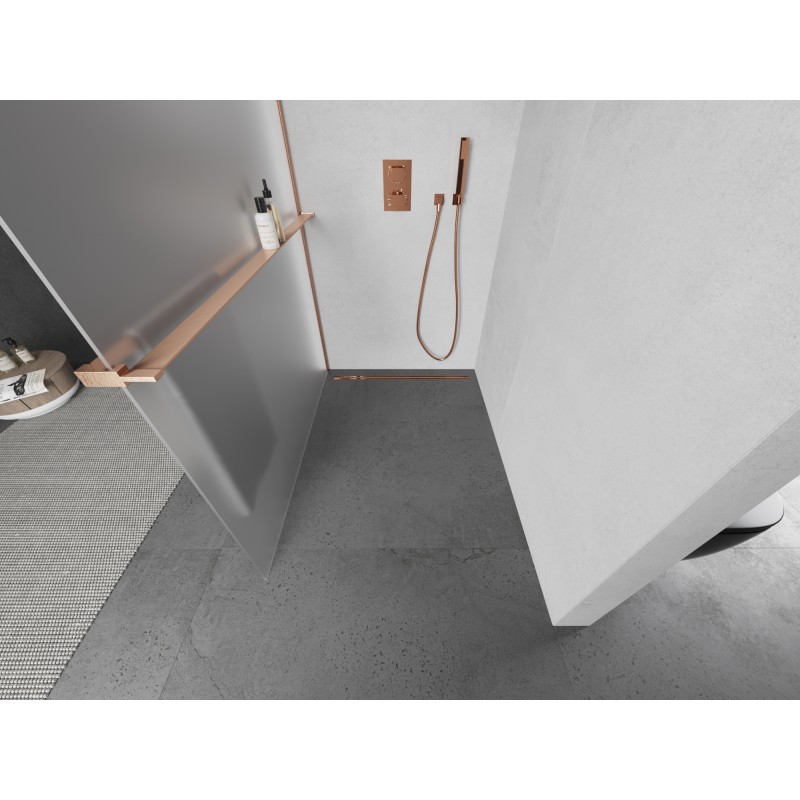 Mexen Kioto+ L ścianka prysznicowa z półką Walk-in 120 x 200 cm, szron, miedź szczotkowana - 800-120-123-65-30