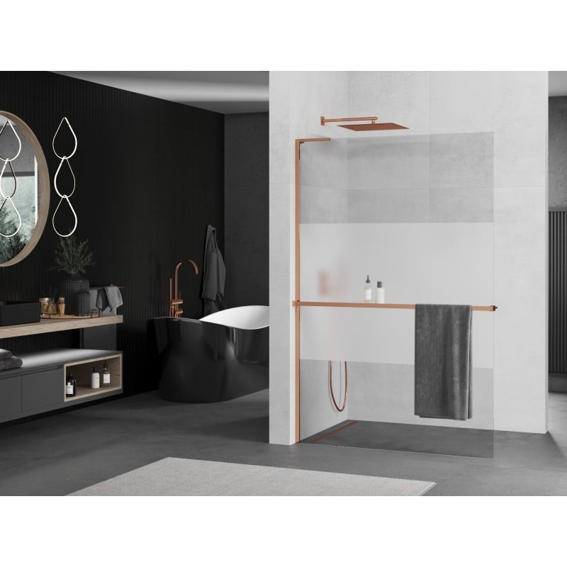 Mexen Kioto+ L ścianka prysznicowa z półką Walk-in 90 x 200 cm, transparent/szron, różowe złoto - 800-090-123-60-35