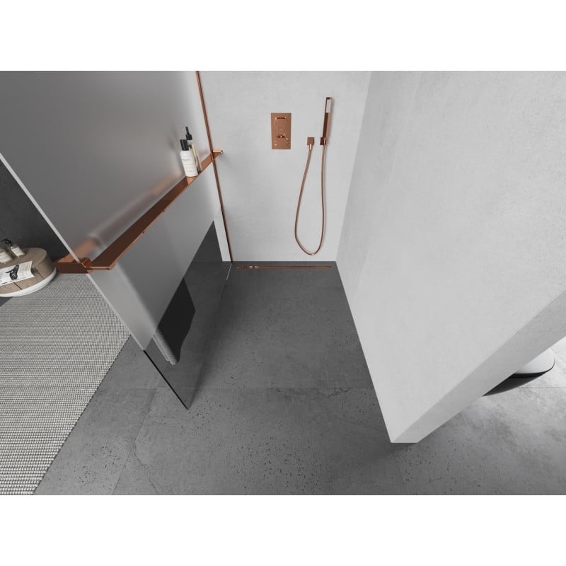 Mexen Kioto+ L ścianka prysznicowa z półką Walk-in 120 x 200 cm, transparent/szron, różowe złoto - 800-120-123-60-35