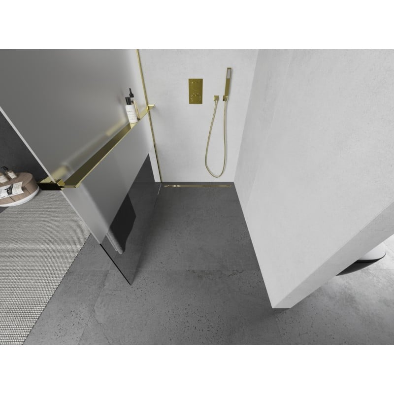 Mexen Kioto+ L ścianka prysznicowa z półką Walk-in 80 x 200 cm, transparent/szron, złota - 800-080-123-50-35