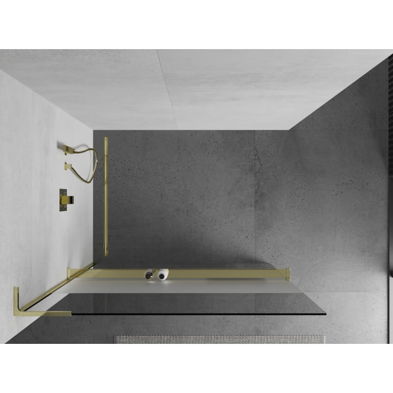 Mexen Kioto+ L ścianka prysznicowa z półką Walk-in 120 x 200 cm, transparent/szron, złota - 800-120-123-50-35