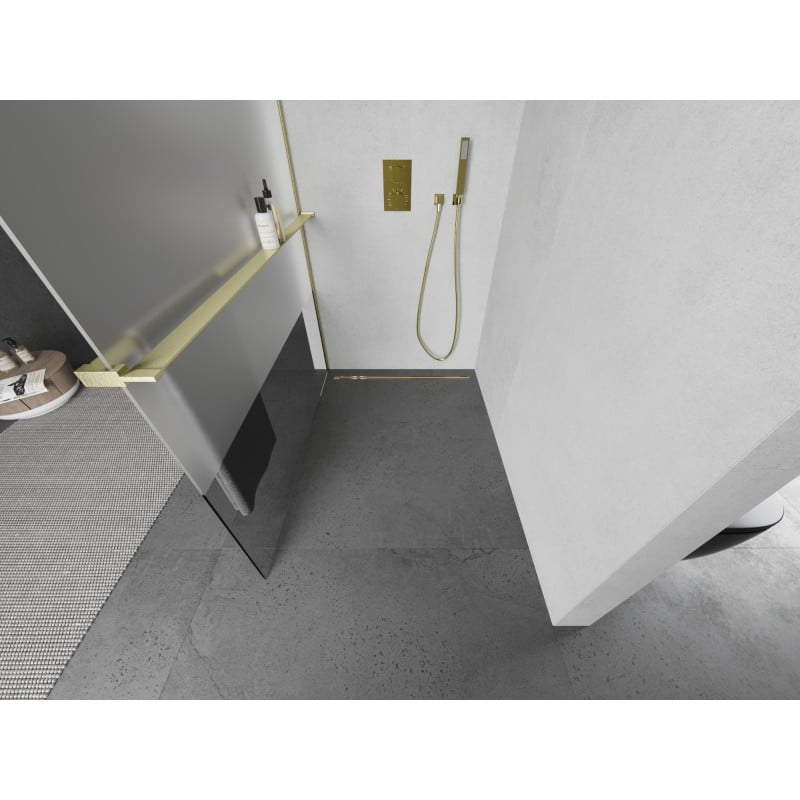 Mexen Kioto+ L ścianka prysznicowa z półką Walk-in 90 x 200 cm, transparent/szron, złota szczotkowana - 800-090-123-55-35