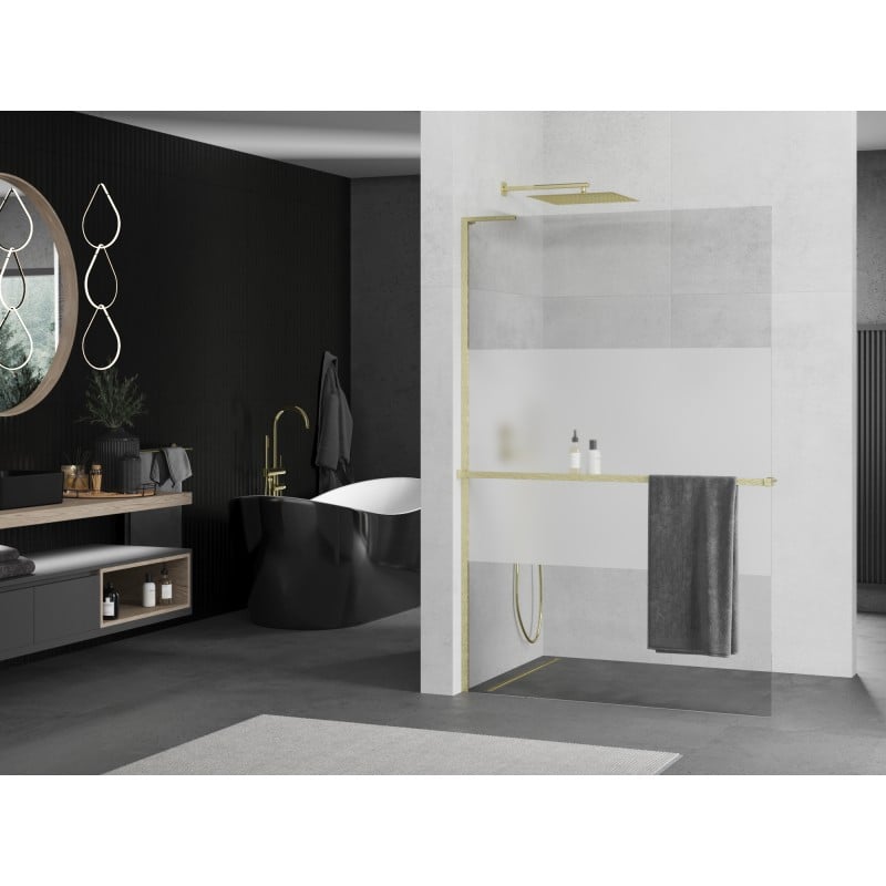Mexen Kioto+ L ścianka prysznicowa z półką Walk-in 100 x 200 cm, transparent/szron, złota szczotkowana - 800-100-123-55-35