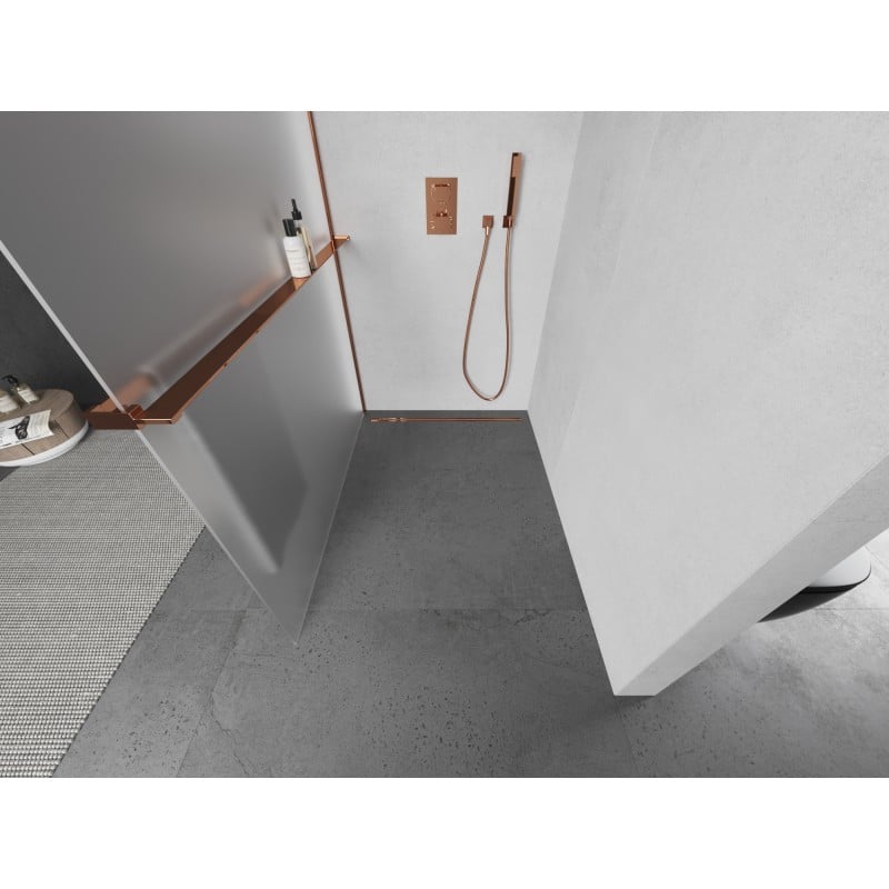 Mexen Kioto+ L ścianka prysznicowa z półką Walk-in 100 x 200 cm, szron, różowe złoto - 800-100-123-60-30