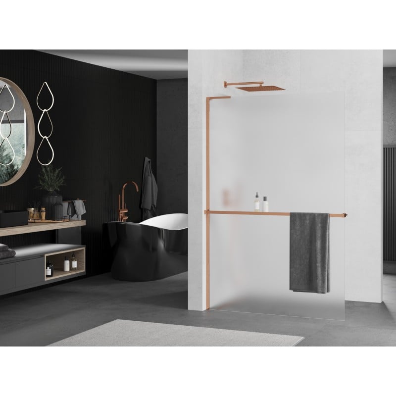 Mexen Kioto+ L ścianka prysznicowa z półką Walk-in 90 x 200 cm, szron, różowe złoto - 800-090-123-60-30