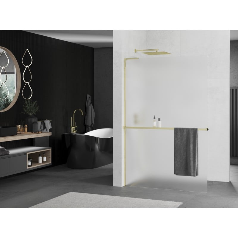 Mexen Kioto+ L ścianka prysznicowa z półką Walk-in 70 x 200 cm, szron, złota - 800-070-123-50-30