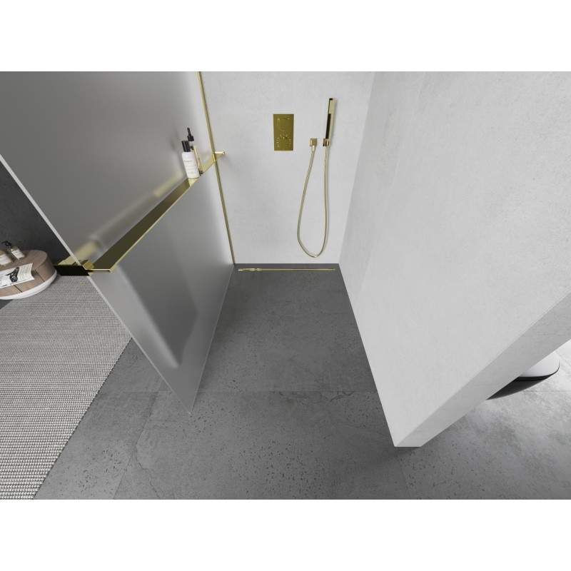 Mexen Kioto+ L ścianka prysznicowa z półką Walk-in 80 x 200 cm, szron, złota - 800-080-123-50-30