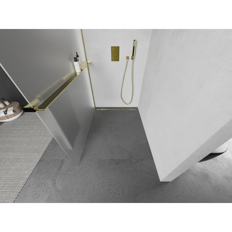 Mexen Kioto+ L ścianka prysznicowa z półką Walk-in 120 x 200 cm, szron, złota - 800-120-123-50-30