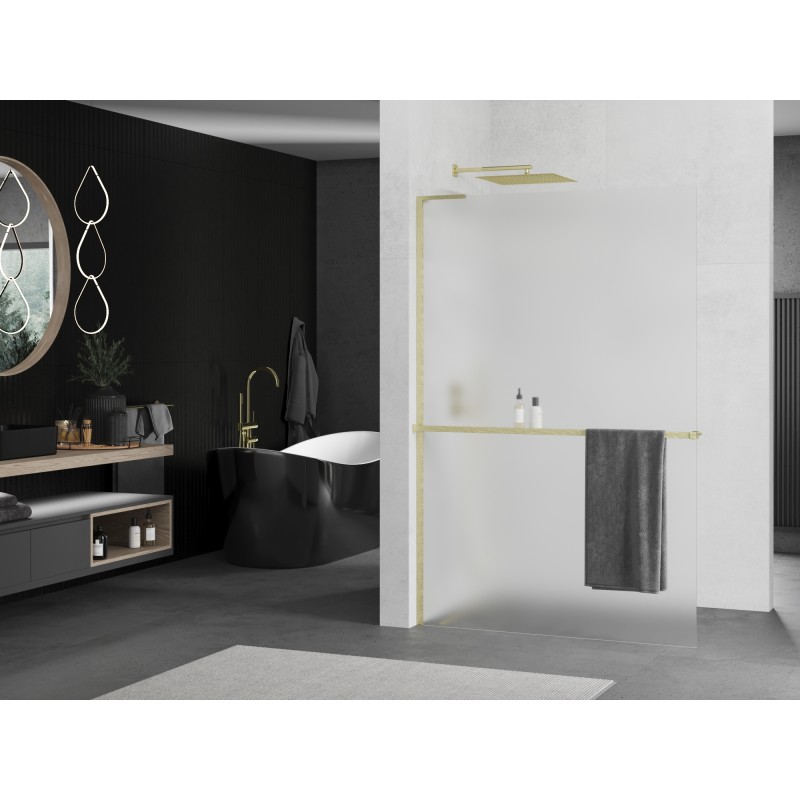 Mexen Kioto+ L ścianka prysznicowa z półką Walk-in 70 x 200 cm, szron, złota szczotkowana - 800-070-123-55-30