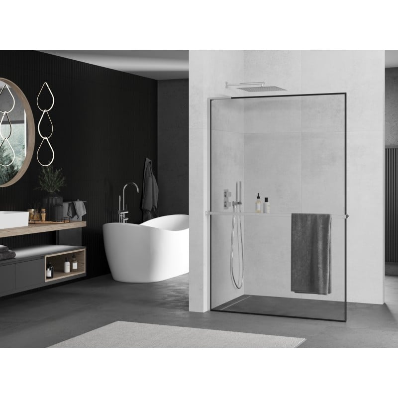 Mexen Kioto+ L ścianka prysznicowa z półką Walk-in 50 x 200 cm, czarna ramka, chrom - 800-050-123-01-70