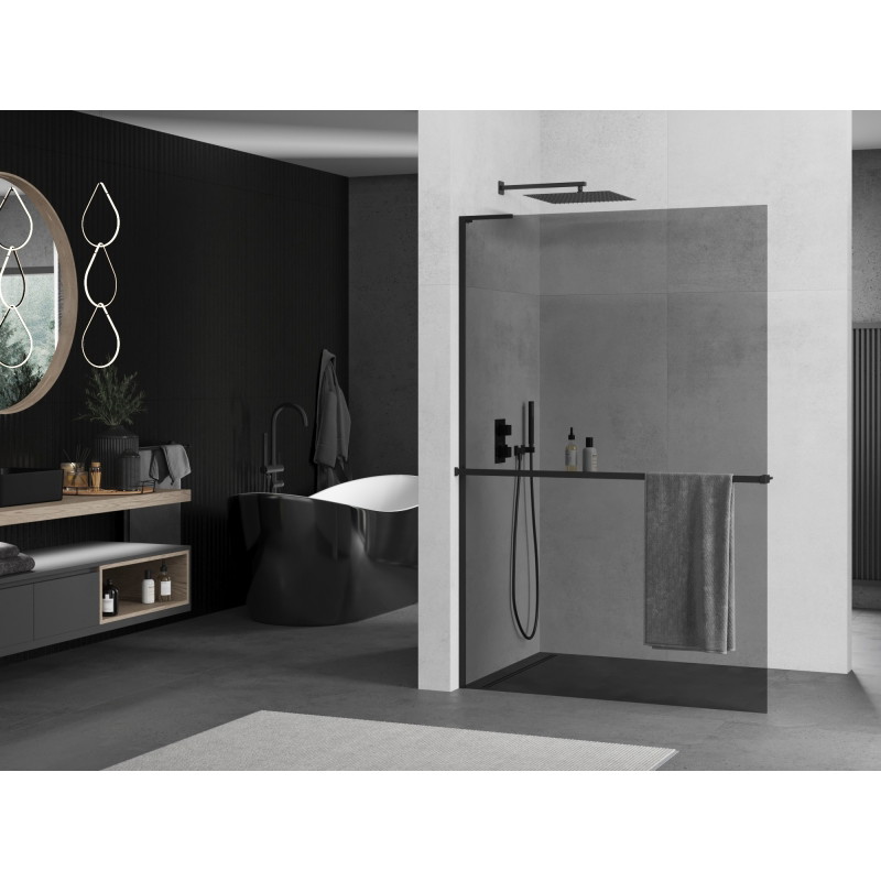Mexen Kioto+ L ścianka prysznicowa z półką Walk-in 100 x 200 cm, grafit, czarna - 800-100-123-70-40