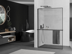 Mexen Kioto+ L ścianka prysznicowa z półką Walk-in 60 x 200 cm, czarna ramka, czarna - 800-060-123-70-70