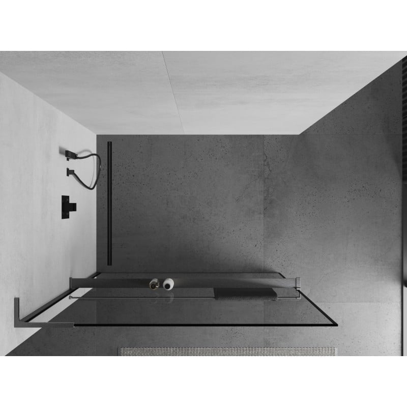 Mexen Kioto+ L ścianka prysznicowa z półką Walk-in 110 x 200 cm, czarna ramka, gun gray szczotkowany - 800-110-123-66-70