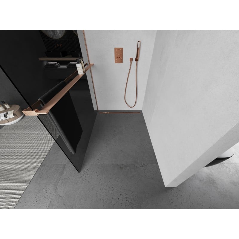 Mexen Kioto+ L ścianka prysznicowa z półką Walk-in 90 x 200 cm, grafit, miedź szczotkowana - 800-090-123-65-40