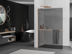 Mexen Kioto+ L ścianka prysznicowa z półką Walk-in 90 x 200 cm, grafit, miedź szczotkowana - 800-090-123-65-40
