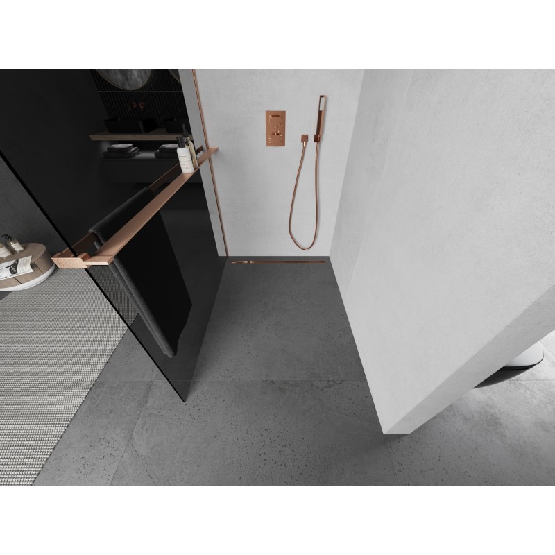 Mexen Kioto+ L ścianka prysznicowa z półką Walk-in 100 x 200 cm, grafit, miedź szczotkowana - 800-100-123-65-40