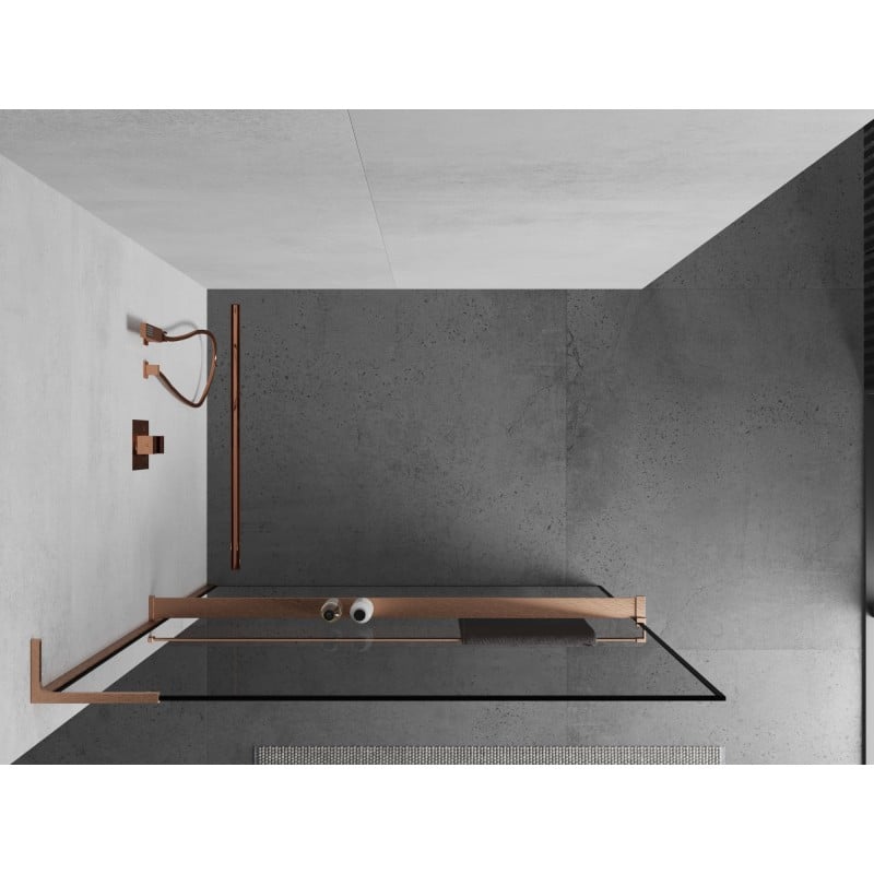 Mexen Kioto+ L ścianka prysznicowa z półką Walk-in 90 x 200 cm, czarna ramka, miedź szczotkowana - 800-090-123-65-70