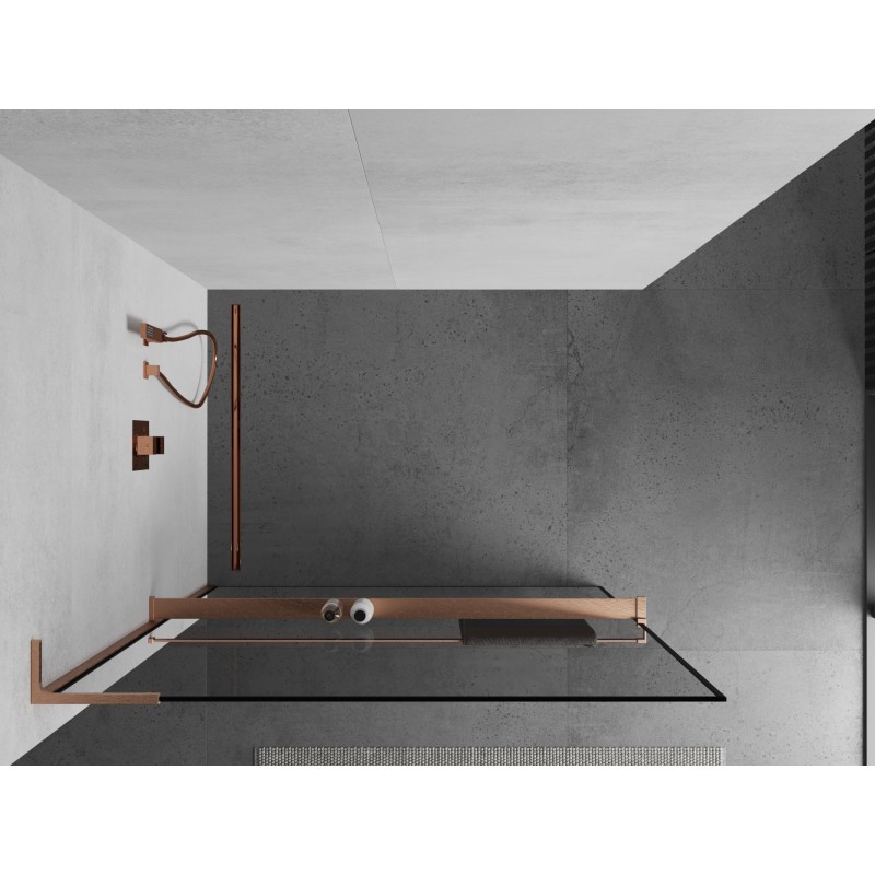 Mexen Kioto+ L ścianka prysznicowa z półką Walk-in 100 x 200 cm, czarna ramka, miedź szczotkowana - 800-100-123-65-70