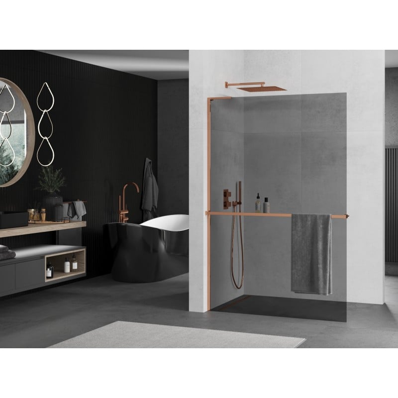 Mexen Kioto+ L ścianka prysznicowa z półką Walk-in 80 x 200 cm, grafit, różowe złoto - 800-080-123-60-40
