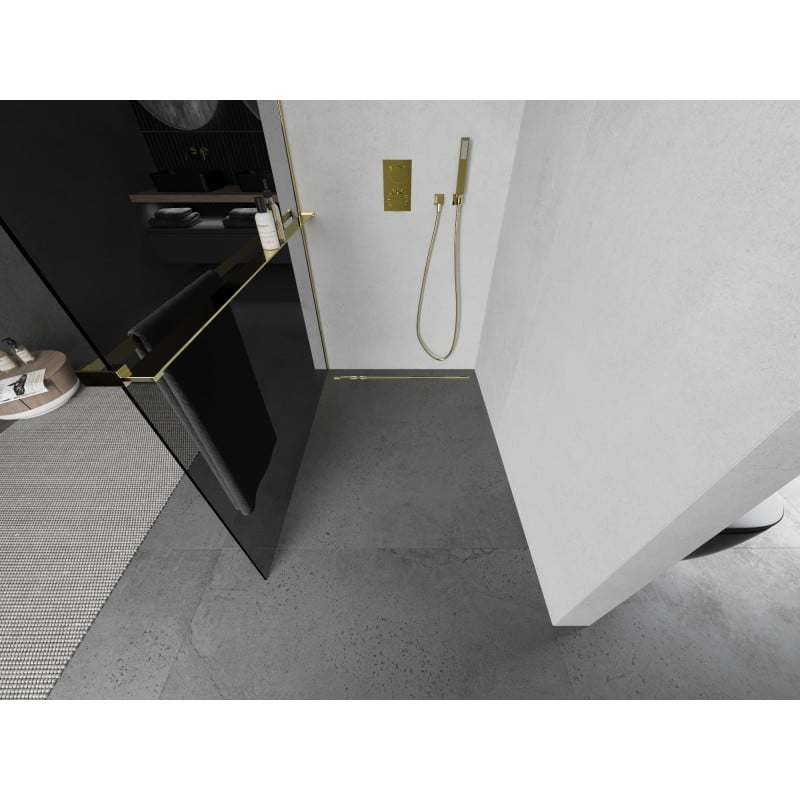 Mexen Kioto+ L ścianka prysznicowa z półką Walk-in 100 x 200 cm, grafit, złota - 800-100-123-50-40