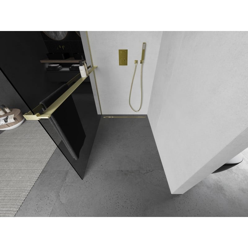 Mexen Kioto+ L ścianka prysznicowa z półką Walk-in 120 x 200 cm, grafit, złota szczotkowana - 800-120-123-55-40