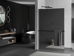 Mexen Kioto+ L ścianka prysznicowa z półką Walk-in 110 x 200 cm, lustro, czarna - 800-110-123-70-50