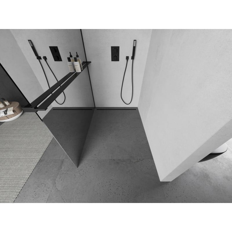 Mexen Kioto+ L ścianka prysznicowa z półką Walk-in 120 x 200 cm, lustro, czarna - 800-120-123-70-50