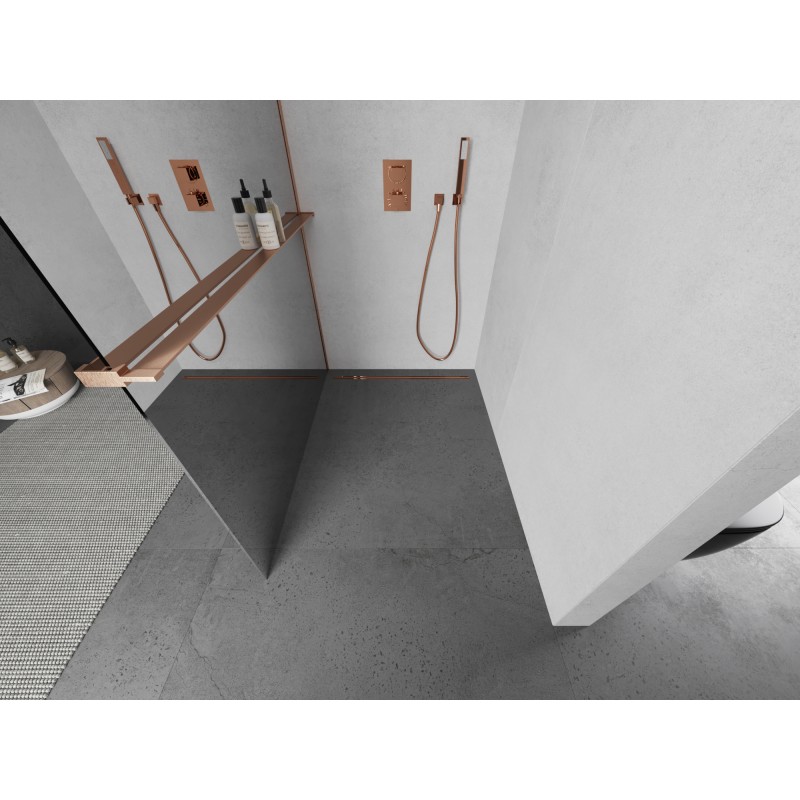 Mexen Kioto+ L ścianka prysznicowa z półką Walk-in 100 x 200 cm, lustro, miedź szczotkowana - 800-100-123-65-50
