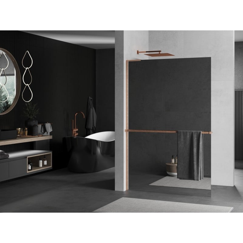 Mexen Kioto+ L ścianka prysznicowa z półką Walk-in 120 x 200 cm, lustro, miedź szczotkowana - 800-120-123-65-50